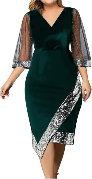 Women Sequin Mesh See Through 3/4 Sleeve Pencil Evening Dress Plus Size Wrap Glitter Velvet Patchwork Cocktail Gowns