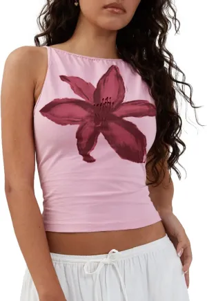 Women Y2k Floral Print Spaghetti Strap Crop Tank Tops Cute Boat Neck Tight Fitted Sleeveless Camisole Going Out