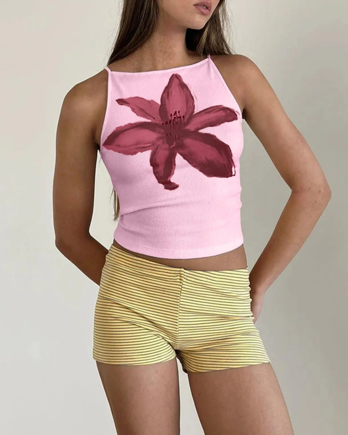 Women Y2k Floral Print Spaghetti Strap Crop Tank Tops Cute Boat Neck Tight Fitted Sleeveless Camisole Going Out