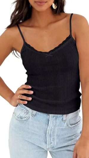 Women Y2k Lace Trim Pointelle Spaghetti Strap Crop Tank Tops Cute Bow V Neck Backless Going Out Camisole Shirts