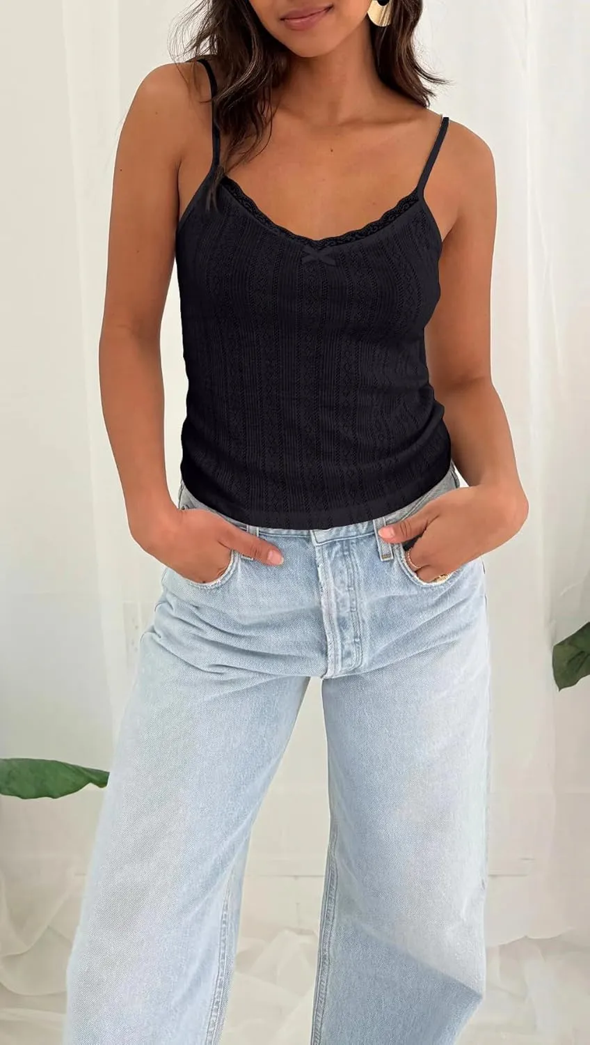 Women Y2k Lace Trim Pointelle Spaghetti Strap Crop Tank Tops Cute Bow V Neck Backless Going Out Camisole Shirts