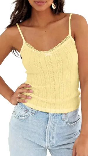 Women Y2k Lace Trim Pointelle Spaghetti Strap Crop Tank Tops Cute Bow V Neck Backless Going Out Camisole Shirts