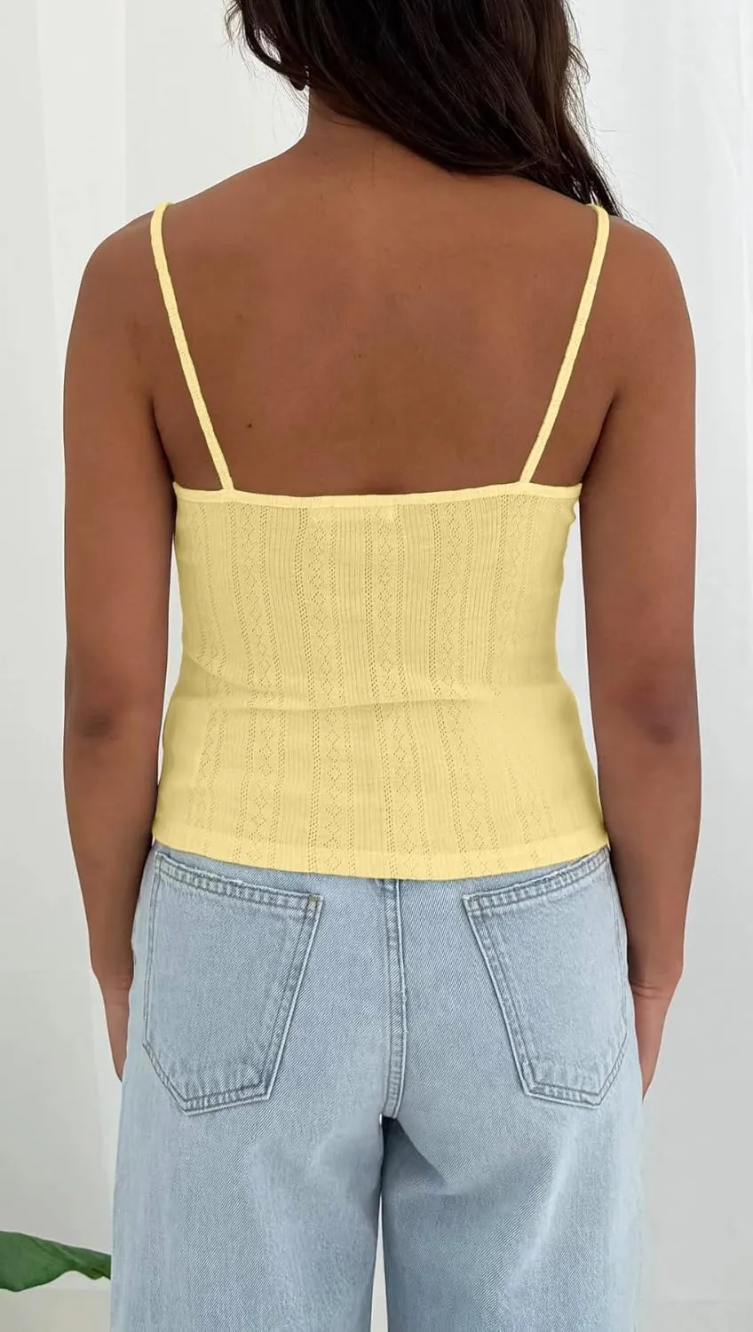 Women Y2k Lace Trim Pointelle Spaghetti Strap Crop Tank Tops Cute Bow V Neck Backless Going Out Camisole Shirts