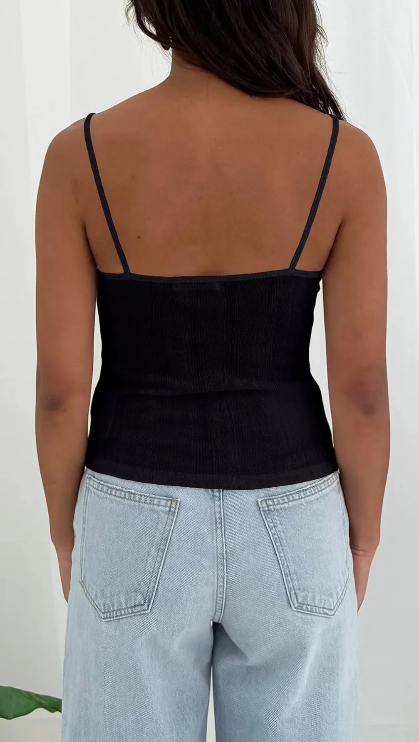 Women Y2k Lace Trim Pointelle Spaghetti Strap Crop Tank Tops Cute Bow V Neck Backless Going Out Camisole Shirts