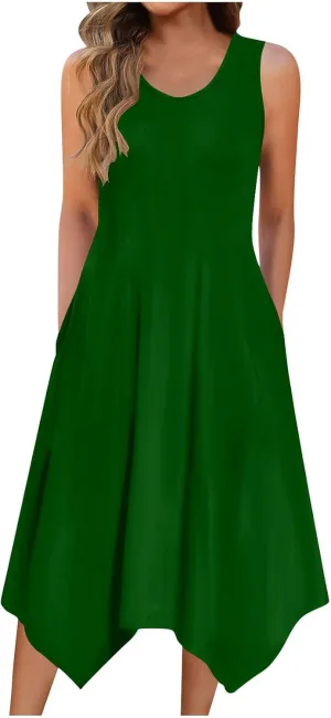 Women's Casual Dress for Summer Tank Dress Loose Flowy Beach Dress with Pockets Asymmetrical Hem Midi Sundress 2025