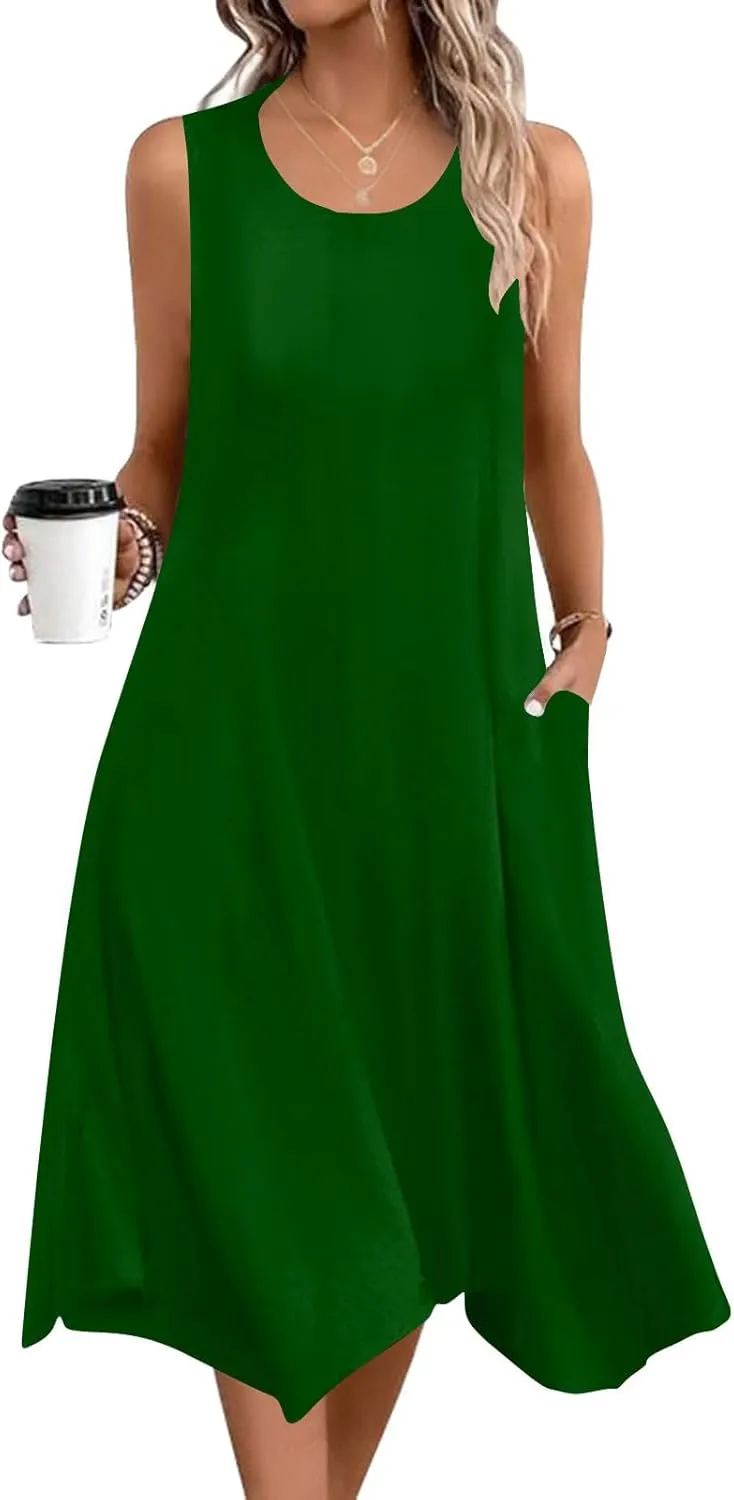 Women's Casual Dress for Summer Tank Dress Loose Flowy Beach Dress with Pockets Asymmetrical Hem Midi Sundress 2025
