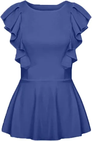 Women's Elegant Sleeveless Peplum Tops Summer Crewneck/Spaghetti Straps Cami Shirts S-3XL