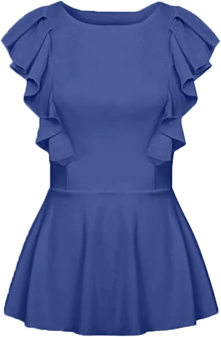 Women's Elegant Sleeveless Peplum Tops Summer Crewneck/Spaghetti Straps Cami Shirts S-3XL