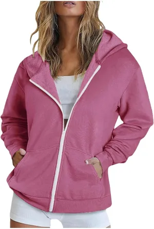 Women's Full Zip Up Lightweight Oversized Hoodie Long Sleeve Hooded Sweatshirts Jacket Coat with Pockets