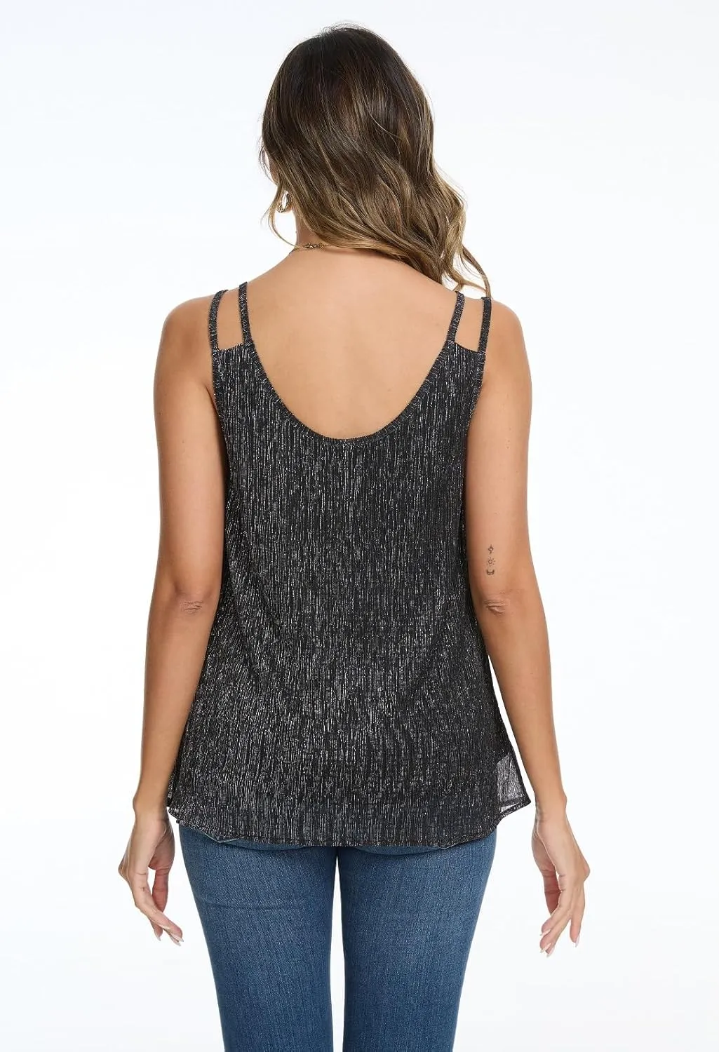 Women's Glitter Tank Tops V Neck Sleeveless Sparkly Camisole Dressy Flowy Shirts