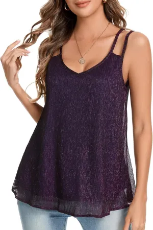 Women's Glitter Tank Tops V Neck Sleeveless Sparkly Camisole Dressy Flowy Shirts