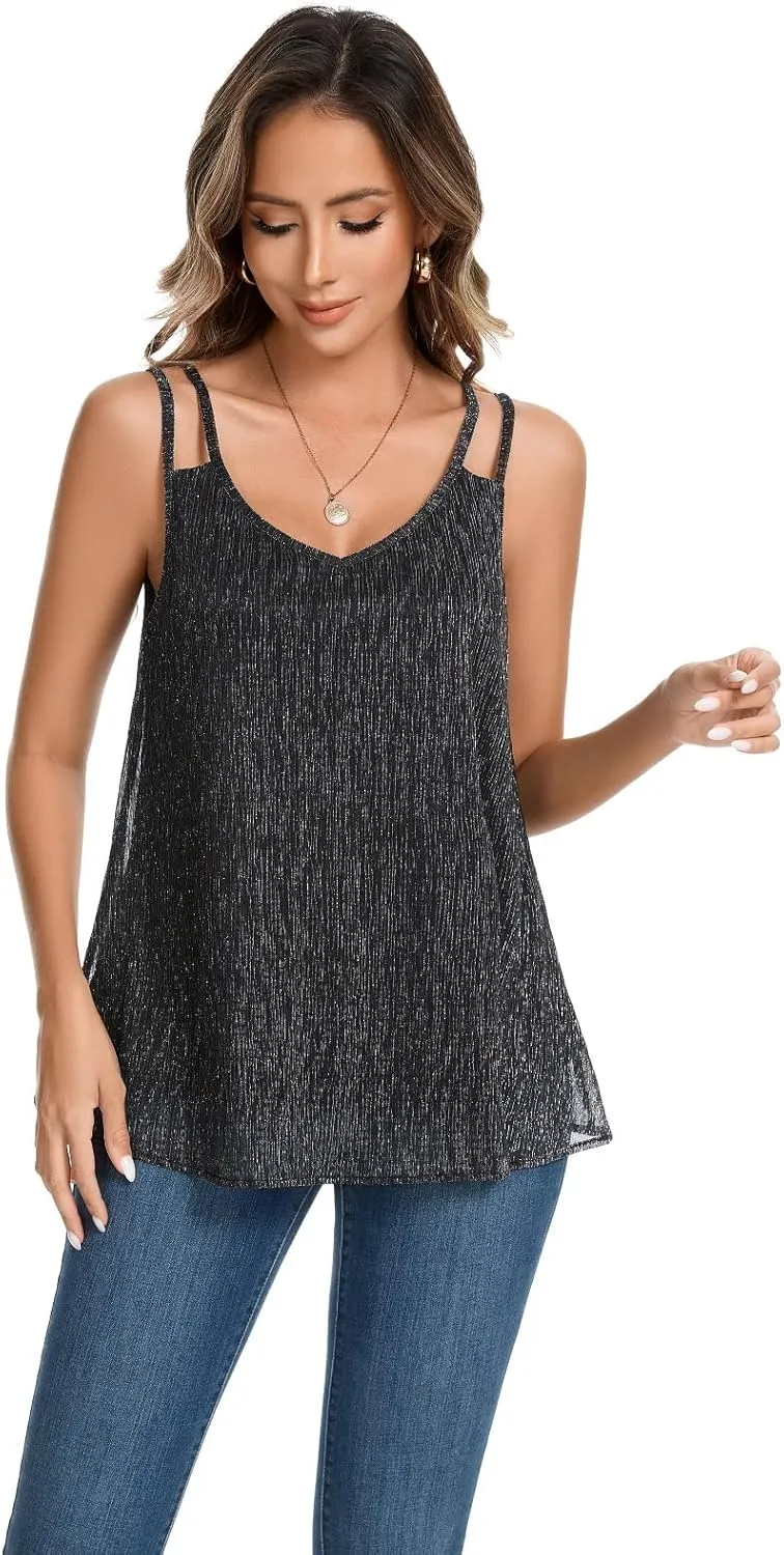 Women's Glitter Tank Tops V Neck Sleeveless Sparkly Camisole Dressy Flowy Shirts