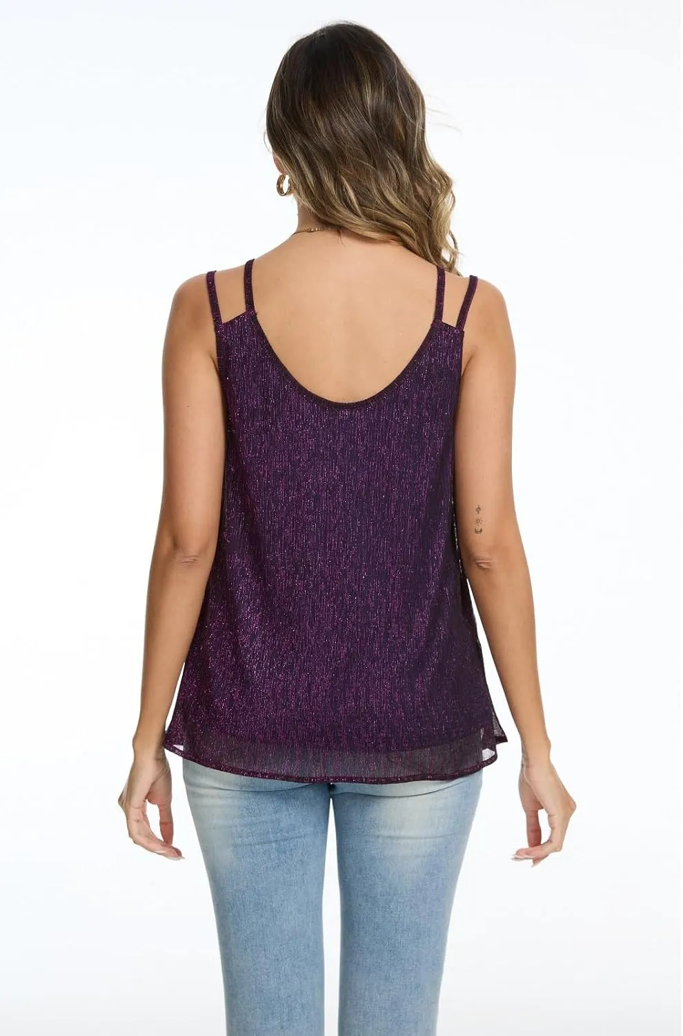 Women's Glitter Tank Tops V Neck Sleeveless Sparkly Camisole Dressy Flowy Shirts