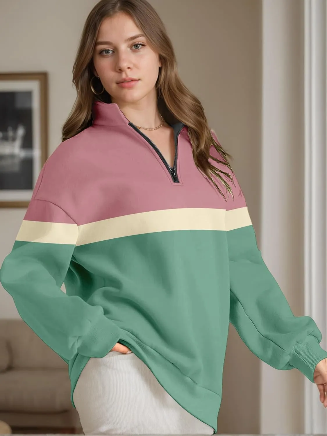Womens Half Zip Sweatshirts Fall Fashion Oversized Hoodies Pullover Long Sleeve Shirts Clothes