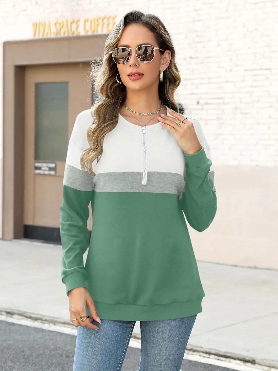 Womens Long Sleeve Shirts Half Zip Sweatshirts Quarter Zipper Fall Tops Pullover
