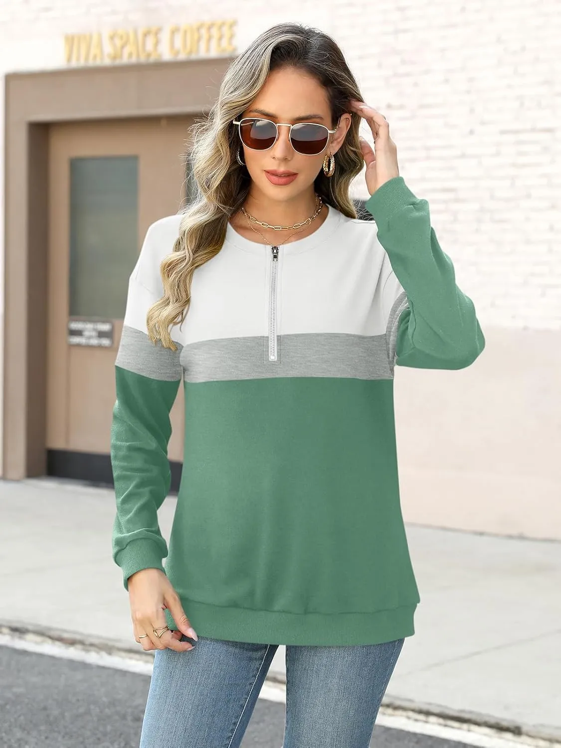 Womens Long Sleeve Shirts Half Zip Sweatshirts Quarter Zipper Fall Tops Pullover