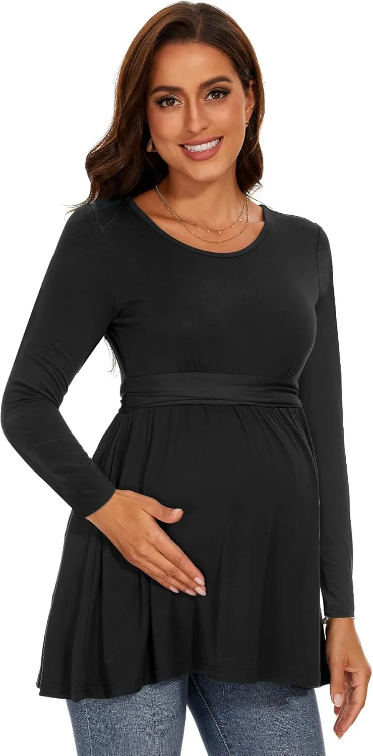 Women's Maternity Tops Short & Long Sleeve Pleated Waist Shirts Pregnancy Clothes