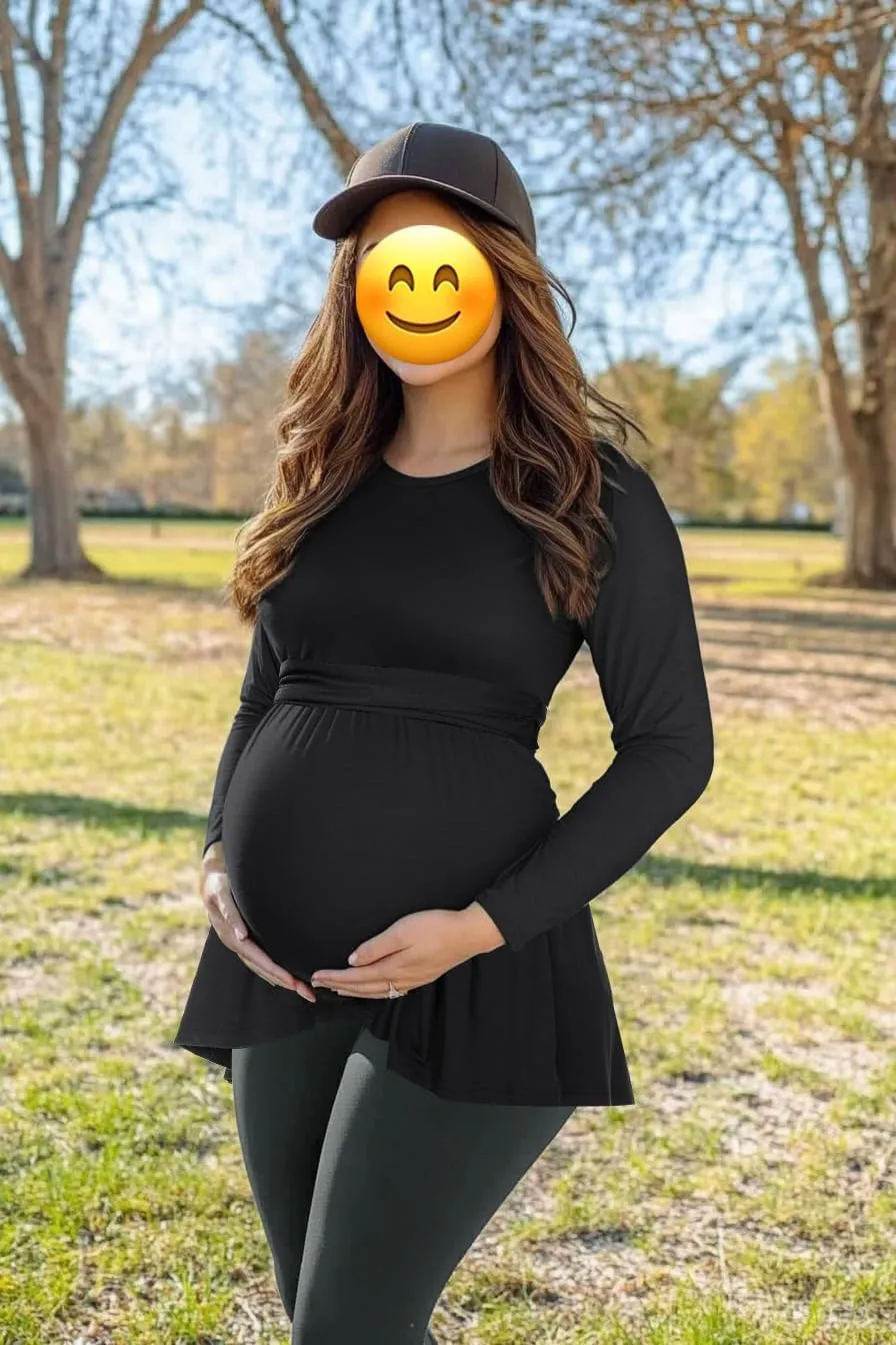 Women's Maternity Tops Short & Long Sleeve Pleated Waist Shirts Pregnancy Clothes
