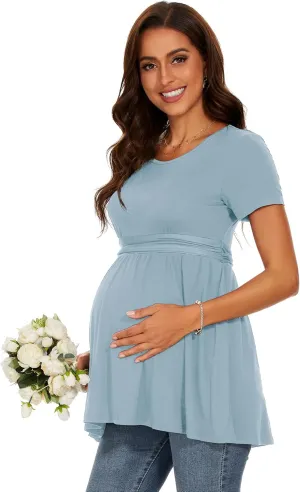 Women's Maternity Tops Short & Long Sleeve Pleated Waist Shirts Pregnancy Clothes