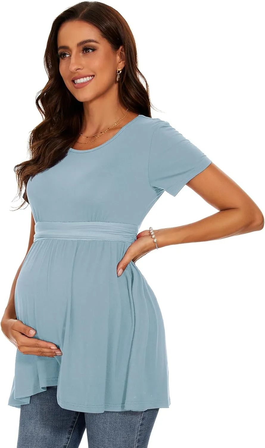 Women's Maternity Tops Short & Long Sleeve Pleated Waist Shirts Pregnancy Clothes