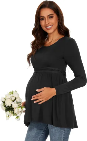 Women's Maternity Tops Short & Long Sleeve Pleated Waist Shirts Pregnancy Clothes