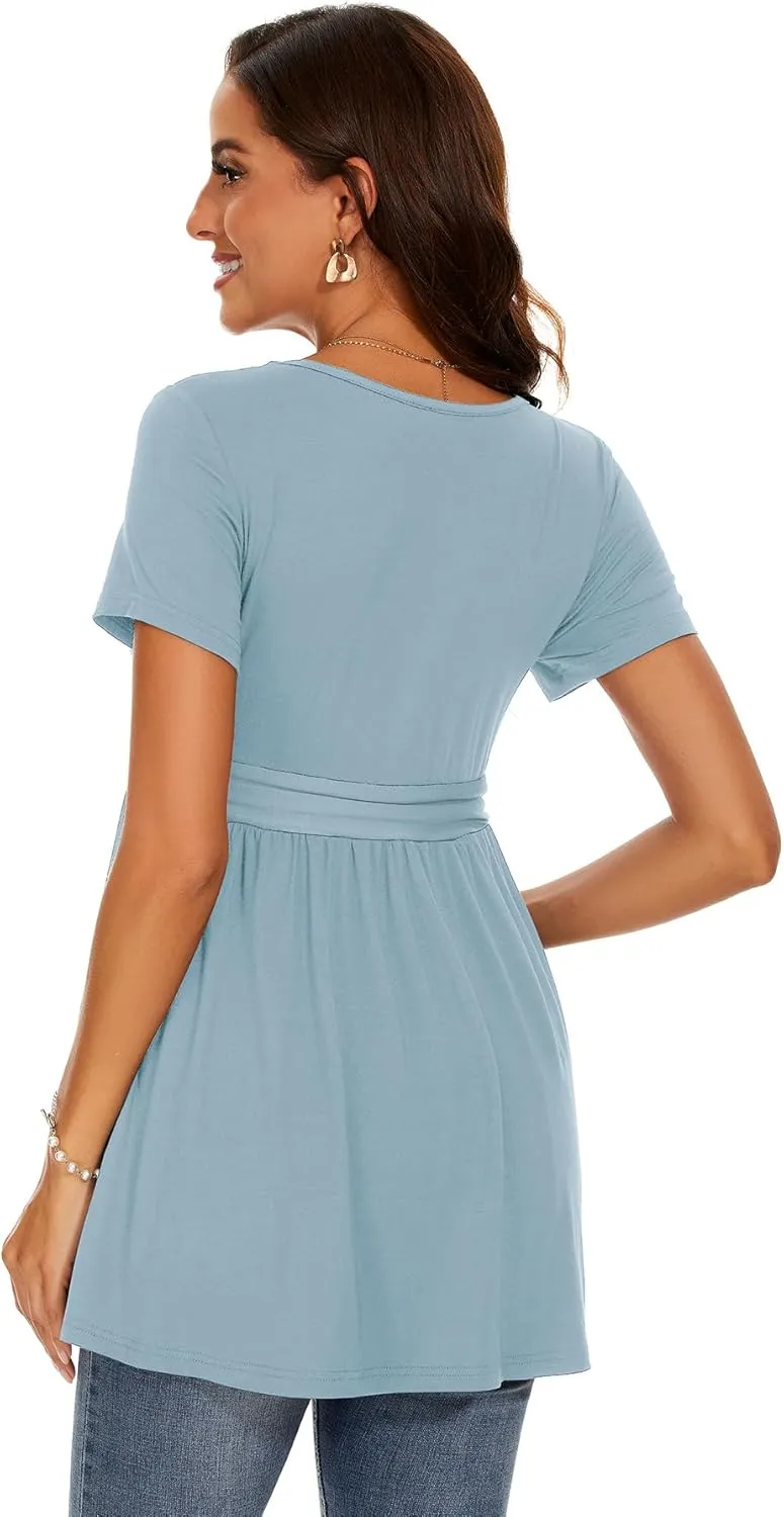 Women's Maternity Tops Short & Long Sleeve Pleated Waist Shirts Pregnancy Clothes