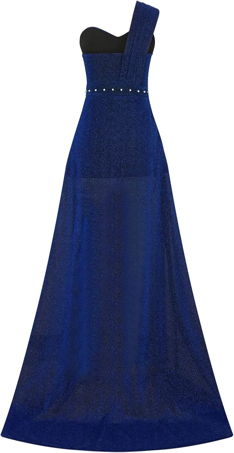 Womens One Shoulder Sequin Prom Formal Dress Glittery Sleeveless Split Side Thigh Floor Length Evening Wedding Gown