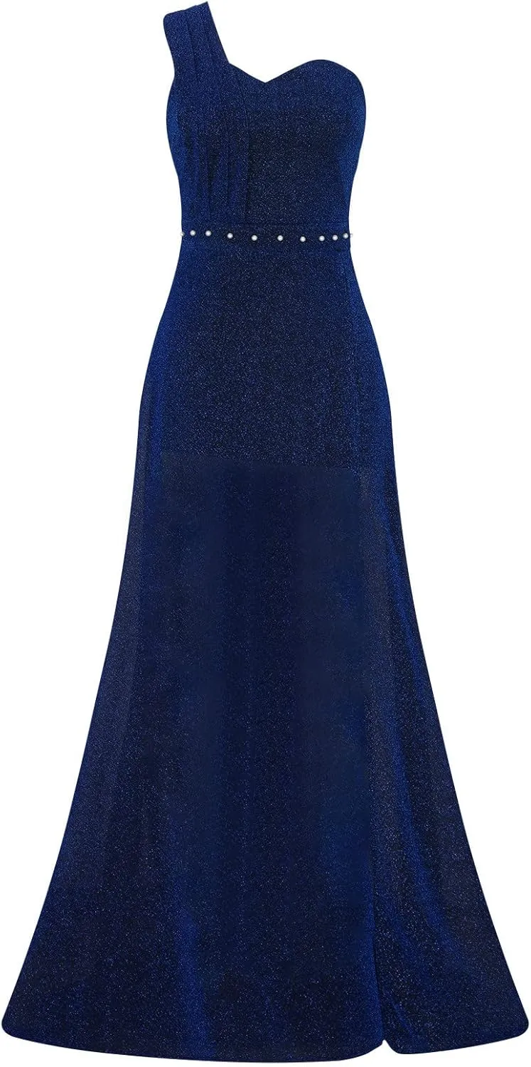 Womens One Shoulder Sequin Prom Formal Dress Glittery Sleeveless Split Side Thigh Floor Length Evening Wedding Gown