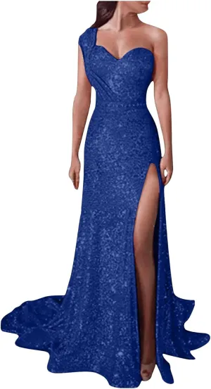 Womens One Shoulder Sequin Prom Formal Dress Glittery Sleeveless Split Side Thigh Floor Length Evening Wedding Gown