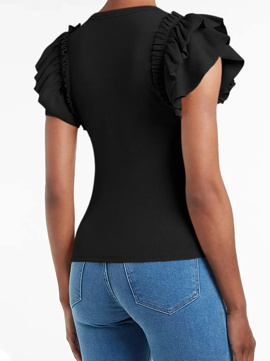 Womens Ruffle Short Sleeve Shirts Slim Fit High Neck Knit Ribbed Tops