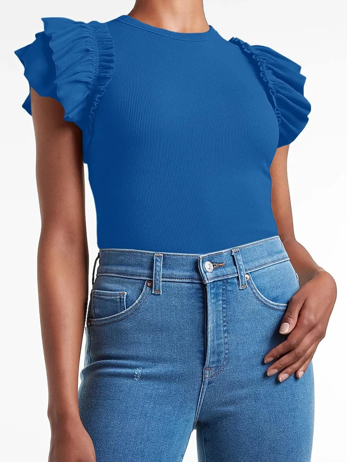 Womens Ruffle Short Sleeve Shirts Slim Fit High Neck Knit Ribbed Tops