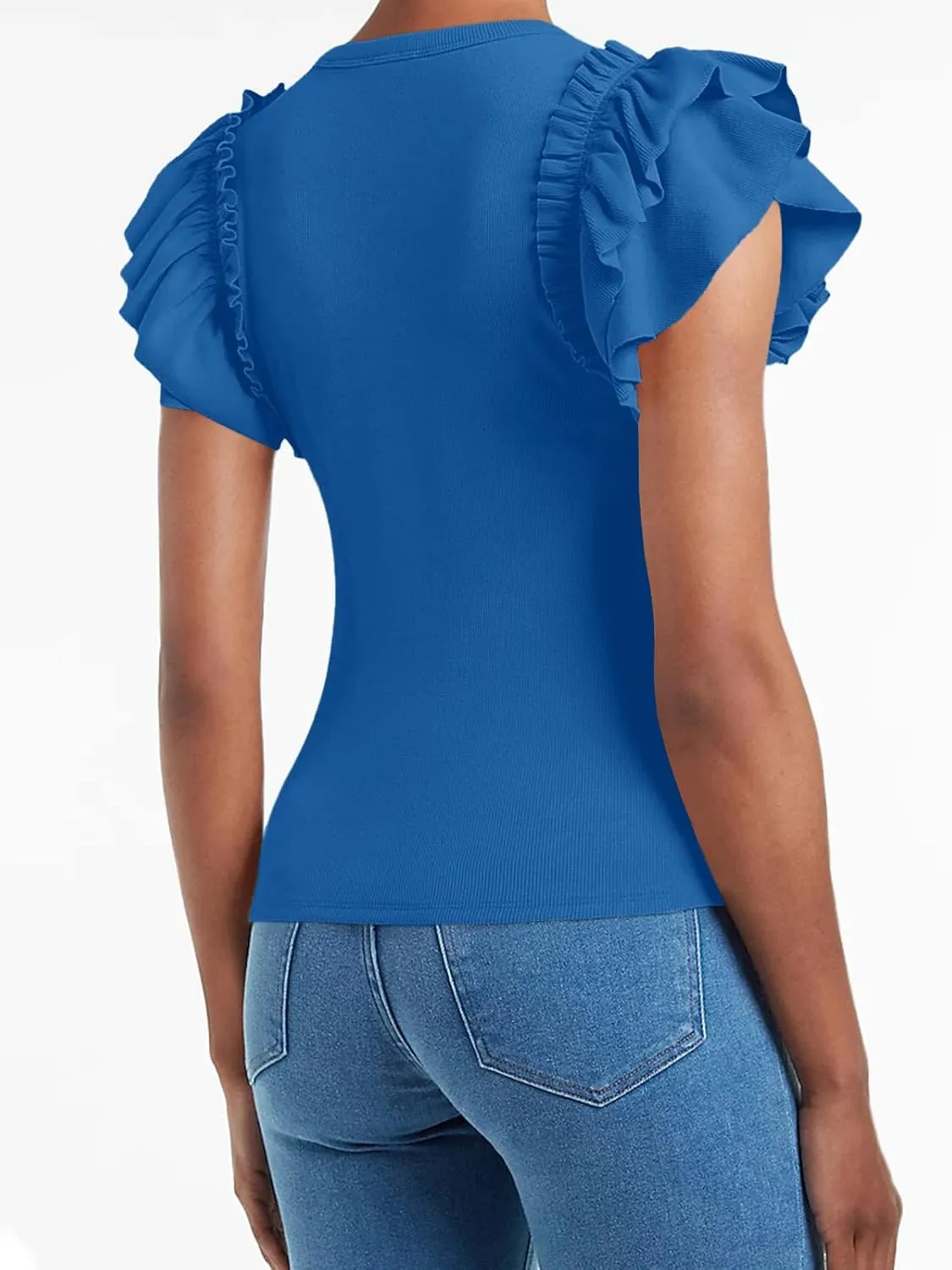 Womens Ruffle Short Sleeve Shirts Slim Fit High Neck Knit Ribbed Tops