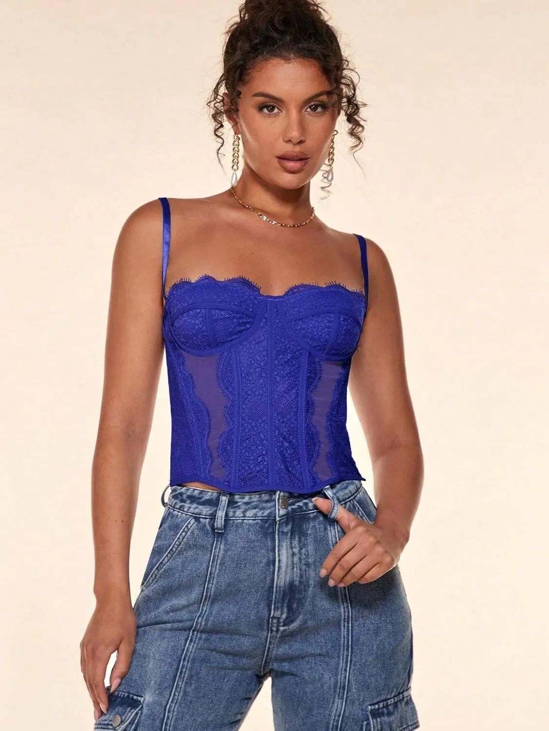 Women's Shirts Slimming Fit Lace Splicing Mesh Camisole Fashion Camis Tank Tops