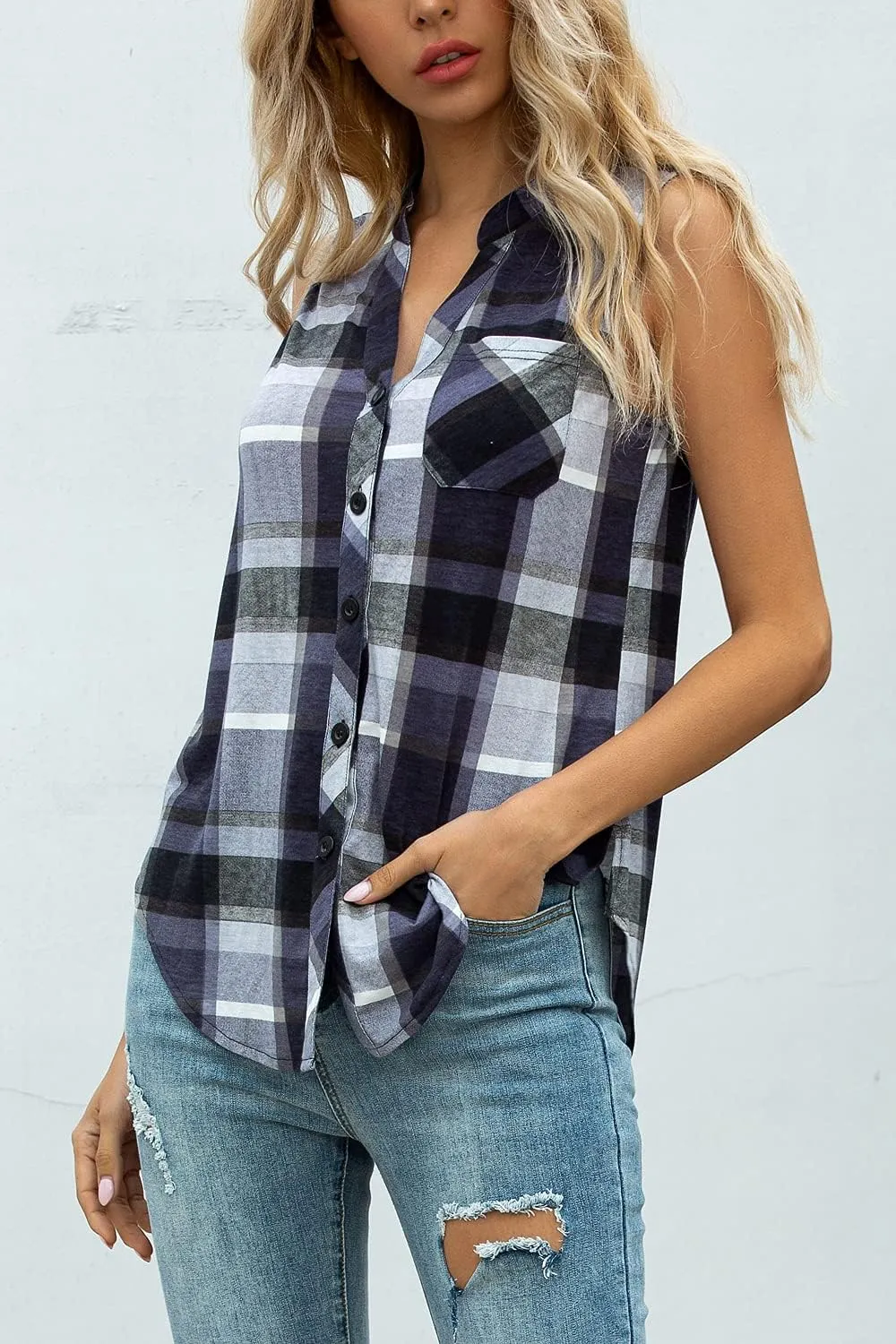 Women's Sleeveless Button Down V Neck Casual Plaid Shirts Tank Tops Blouse