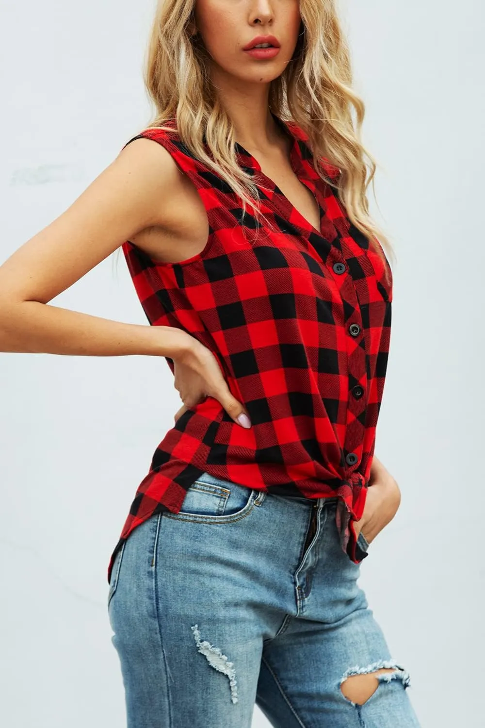 Women's Sleeveless Button Down V Neck Casual Plaid Shirts Tank Tops Blouse