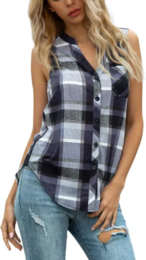 Women's Sleeveless Button Down V Neck Casual Plaid Shirts Tank Tops Blouse