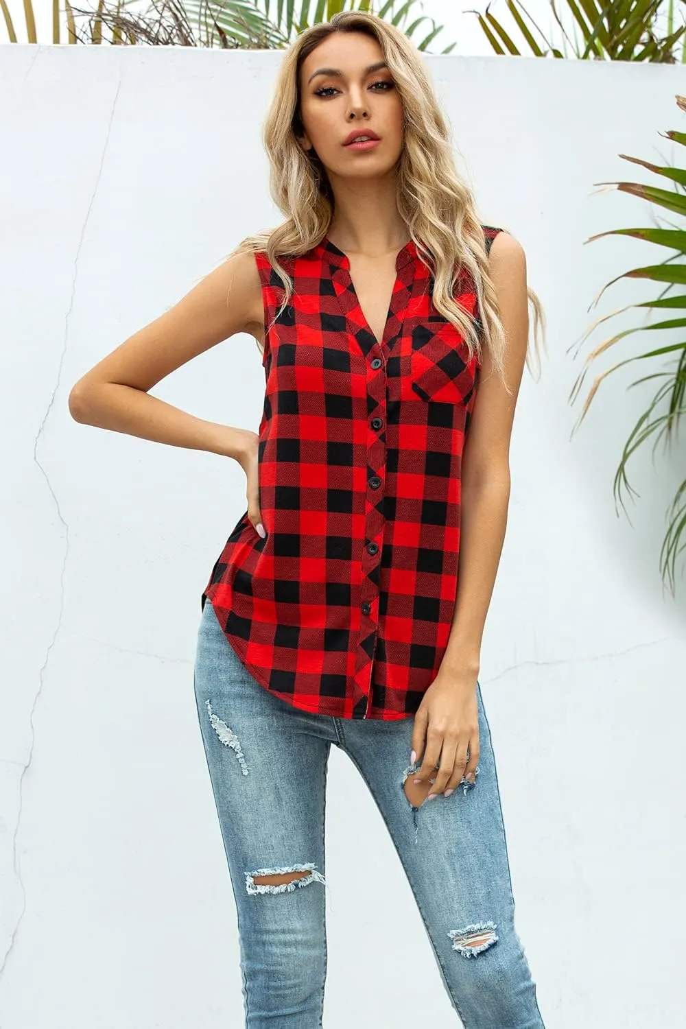Women's Sleeveless Button Down V Neck Casual Plaid Shirts Tank Tops Blouse