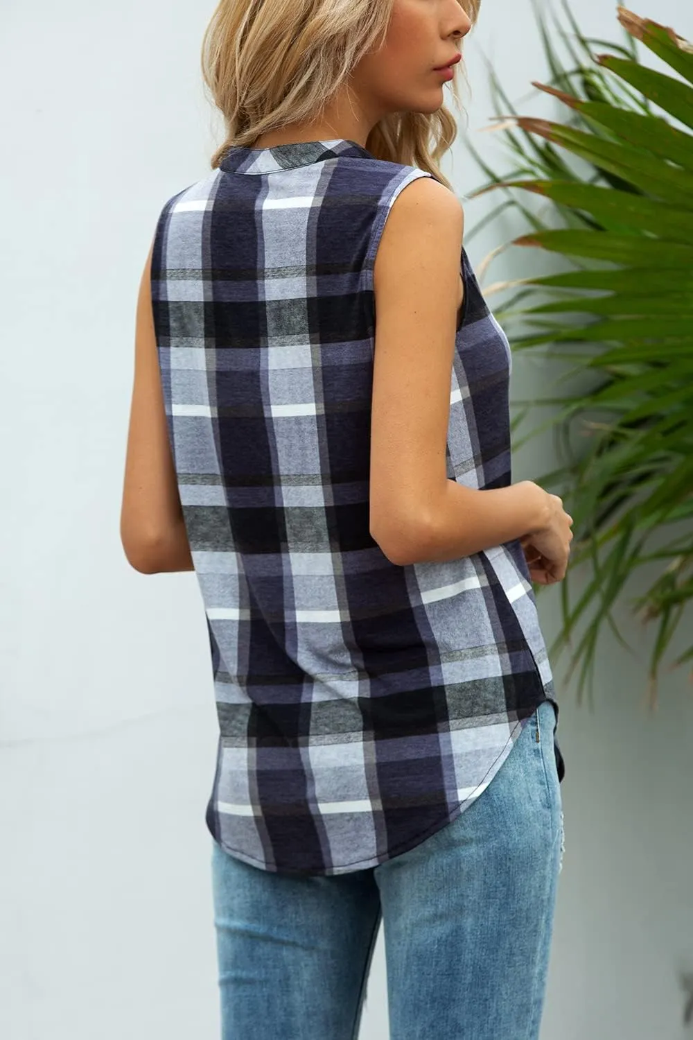 Women's Sleeveless Button Down V Neck Casual Plaid Shirts Tank Tops Blouse