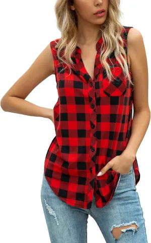 Women's Sleeveless Button Down V Neck Casual Plaid Shirts Tank Tops Blouse