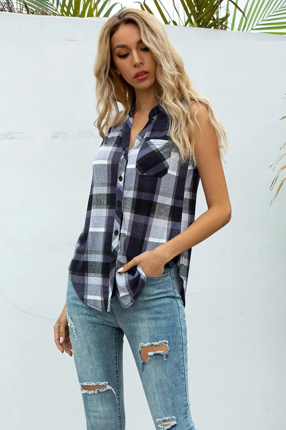 Women's Sleeveless Button Down V Neck Casual Plaid Shirts Tank Tops Blouse