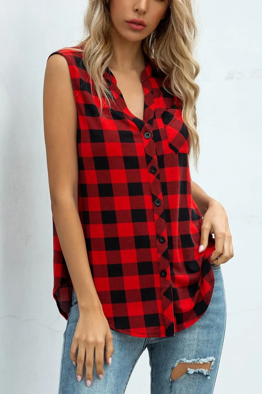 Women's Sleeveless Button Down V Neck Casual Plaid Shirts Tank Tops Blouse