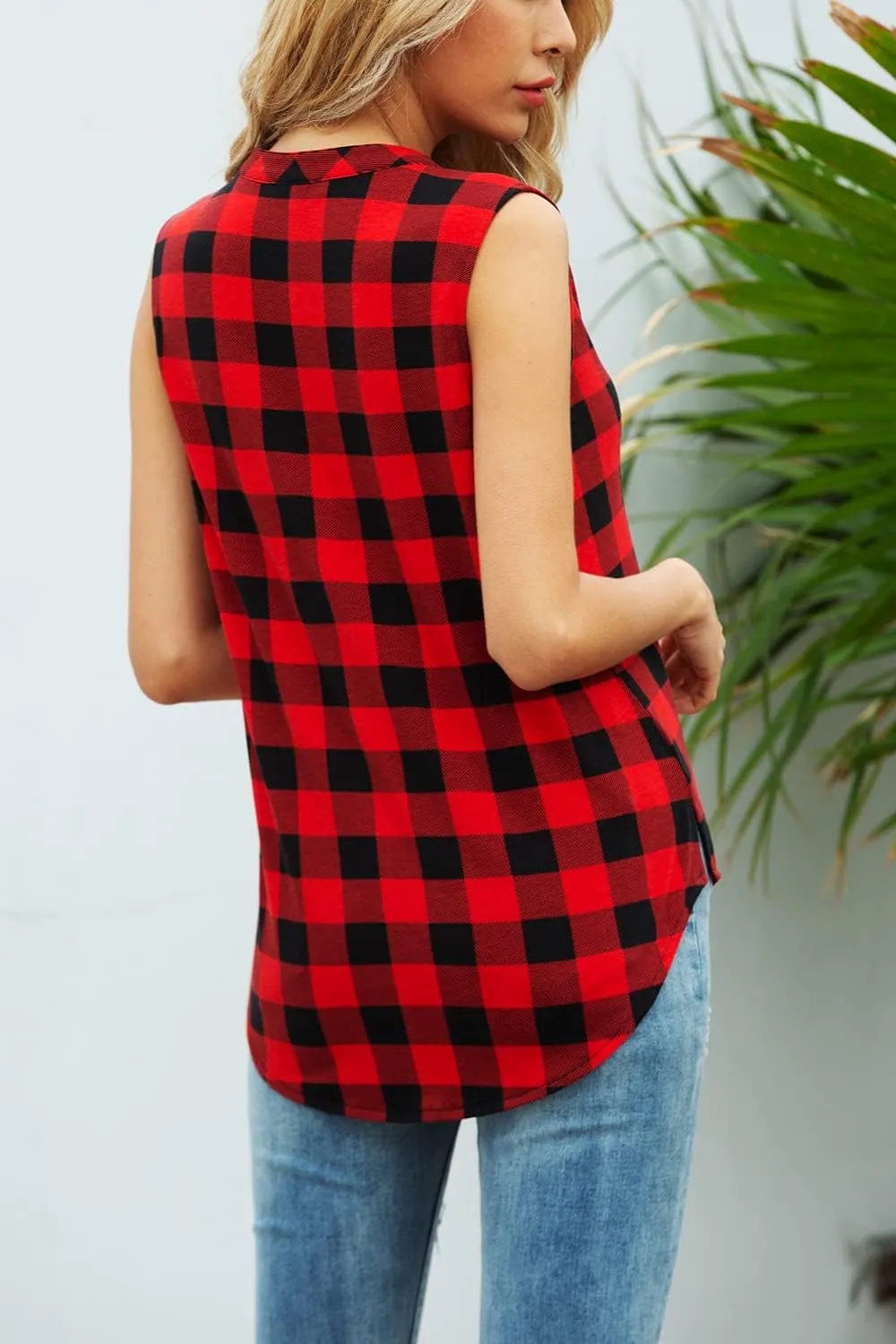 Women's Sleeveless Button Down V Neck Casual Plaid Shirts Tank Tops Blouse