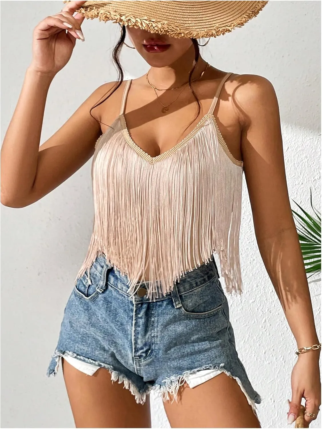 Women's Sleeveless Fringe Camisole Tops V Neck Spaghetti Strap Summer Cami Shirts