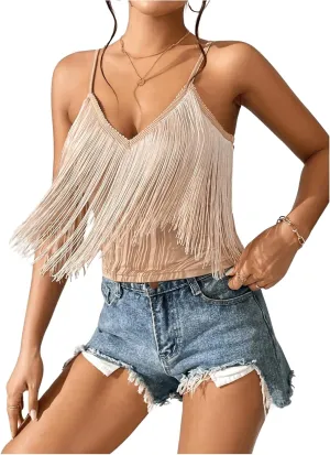 Women's Sleeveless Fringe Camisole Tops V Neck Spaghetti Strap Summer Cami Shirts