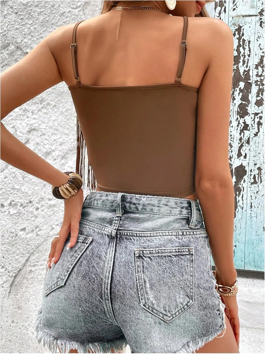 Women's Sleeveless Fringe Camisole Tops V Neck Spaghetti Strap Summer Cami Shirts