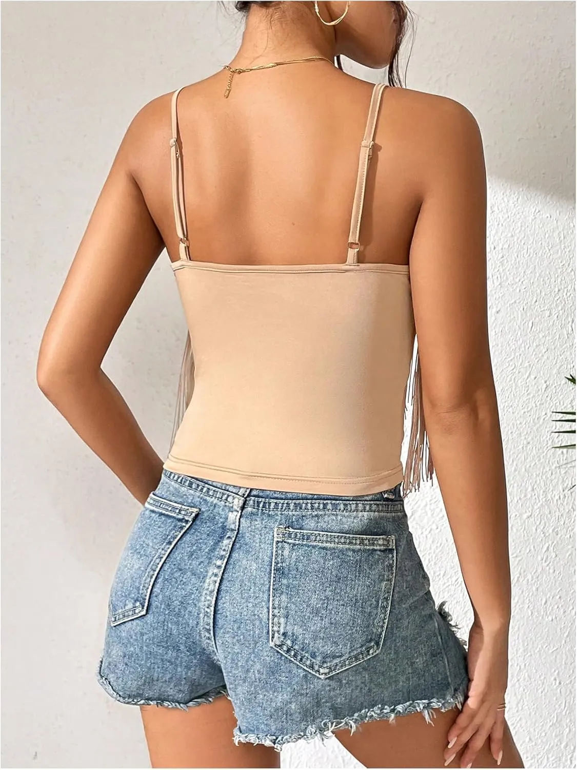 Women's Sleeveless Fringe Camisole Tops V Neck Spaghetti Strap Summer Cami Shirts