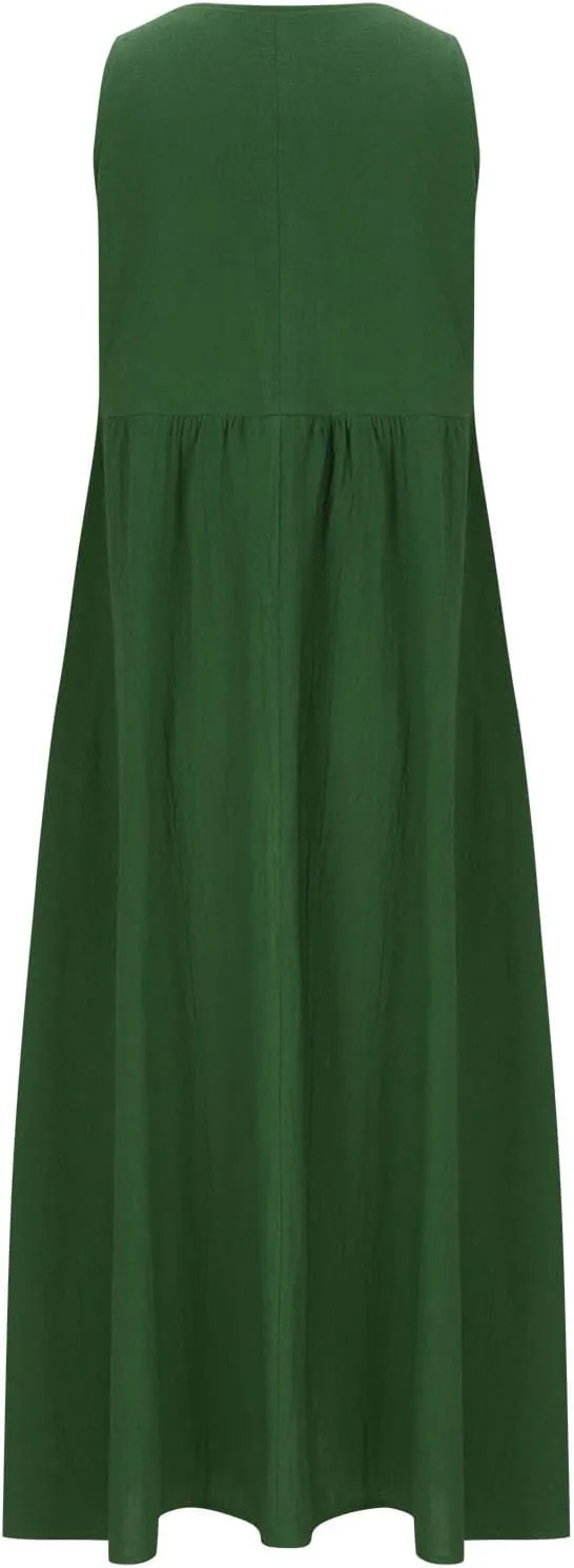 Womens Summer Casual Flowy Sleeveless Long Dress Loose Crew Neck Maxi Beach Dresses with Pockets Plus Size