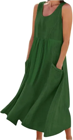 Womens Summer Casual Flowy Sleeveless Long Dress Loose Crew Neck Maxi Beach Dresses with Pockets Plus Size