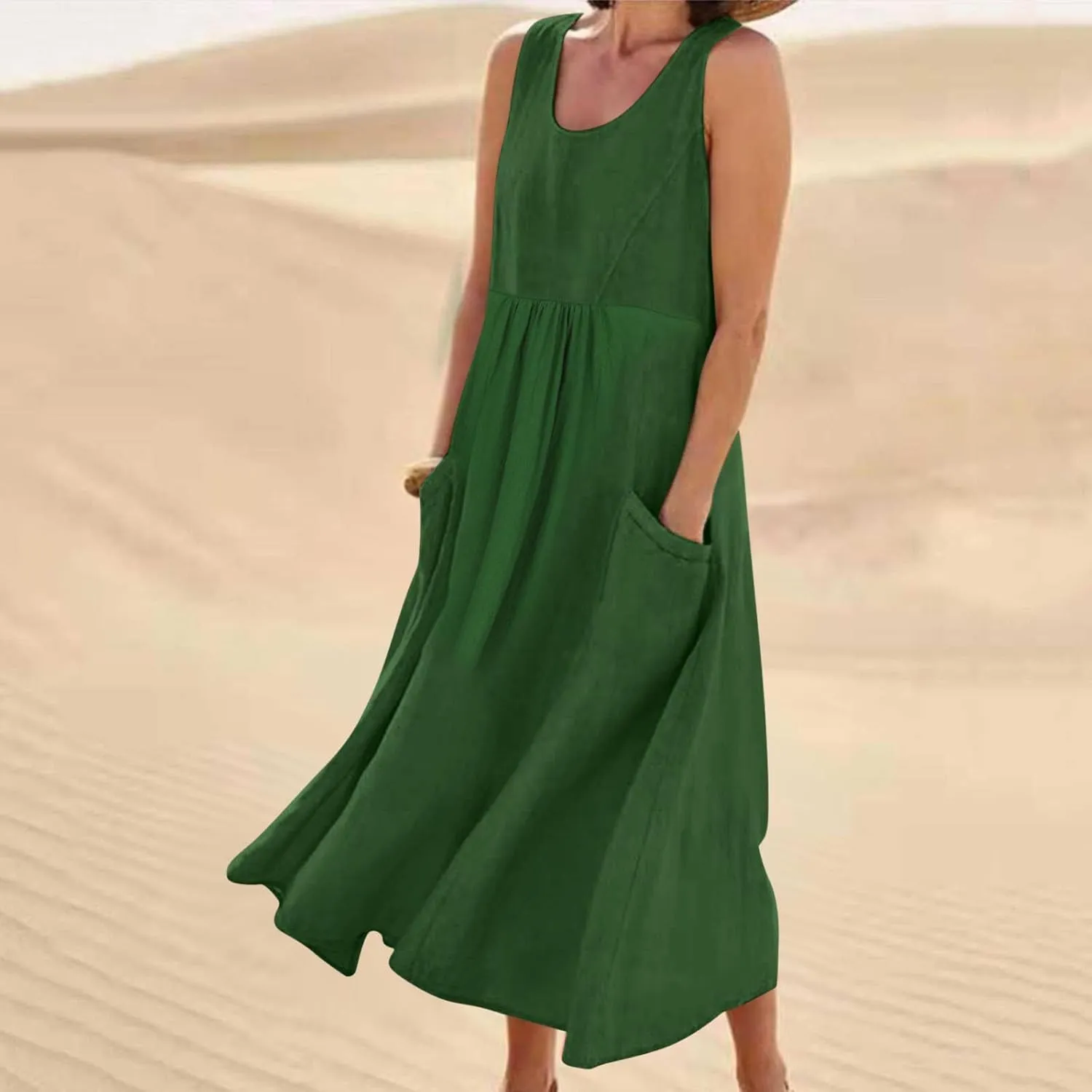 Womens Summer Casual Flowy Sleeveless Long Dress Loose Crew Neck Maxi Beach Dresses with Pockets Plus Size