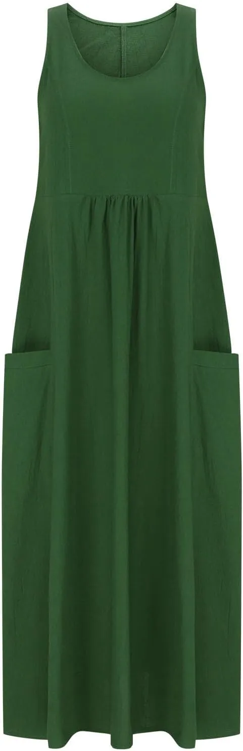 Womens Summer Casual Flowy Sleeveless Long Dress Loose Crew Neck Maxi Beach Dresses with Pockets Plus Size